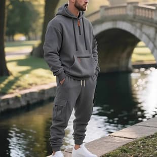 Cross-Border Amazon Men's Multi-Pocket Cargo Sweatshirt Two-Piece Set, Contrast Color Hoodie Sweatshirt with Cargo Jogger Pants