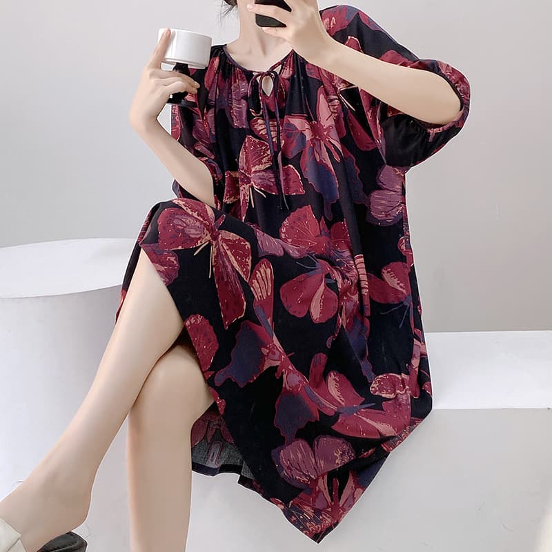 New Chinese Style Floral Print Long Sleeve Cotton Silk Nightgown for Women, Spring and Summer Loose Chinese Style Cotton Silk Plus Size Loungewear