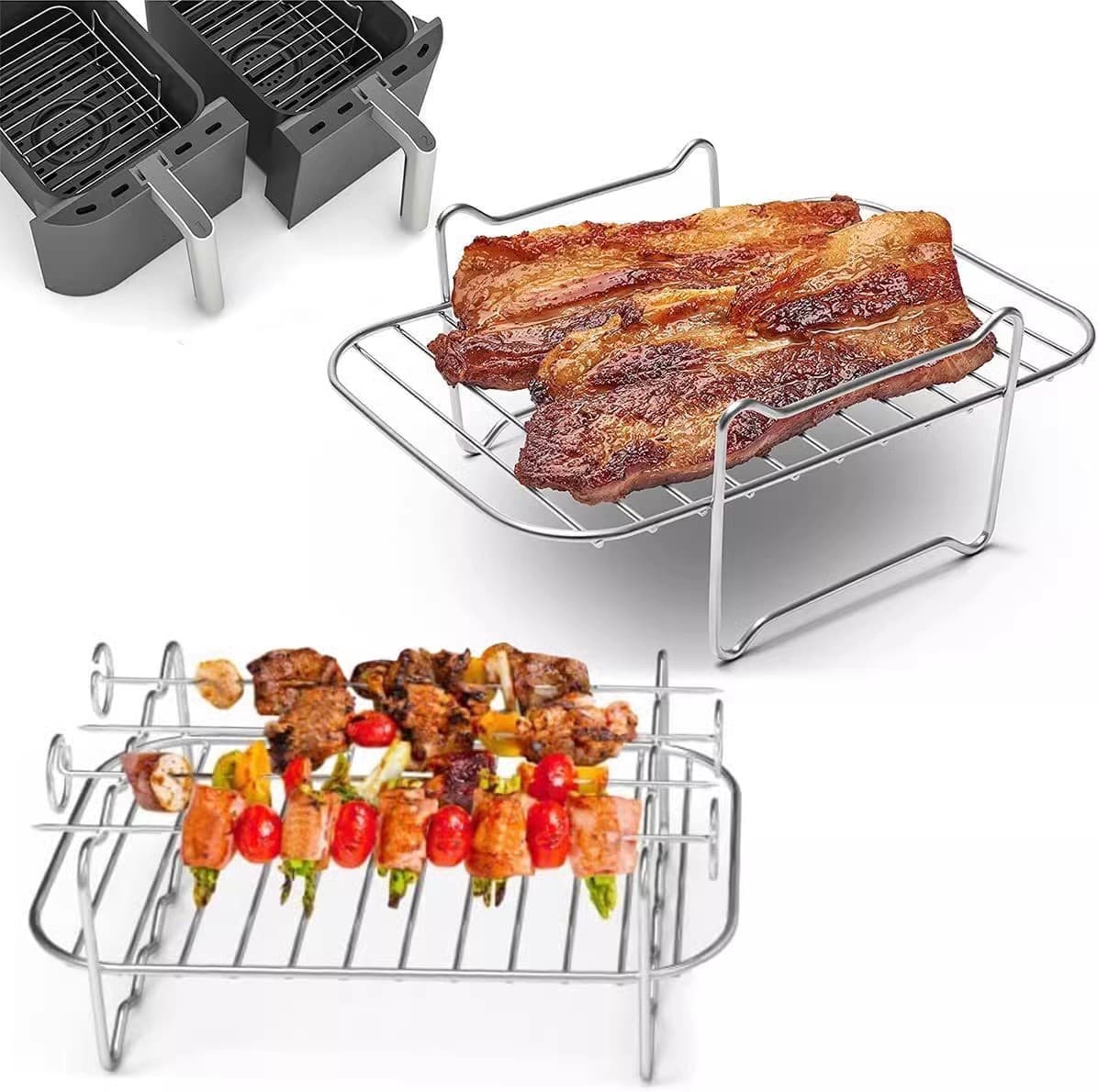 Cross-border Air Fryer Grill Accessories Rectangular Four-corner G-shaped Steaming Rack Double-layer Stainless Steel Grill with Skewers