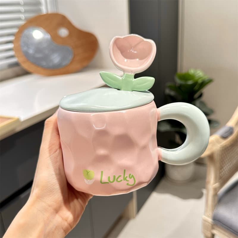 Cute Tulip Spoon Mug with Lid, Lovely Milk Cup Set for Men, Women, Students, and Couples