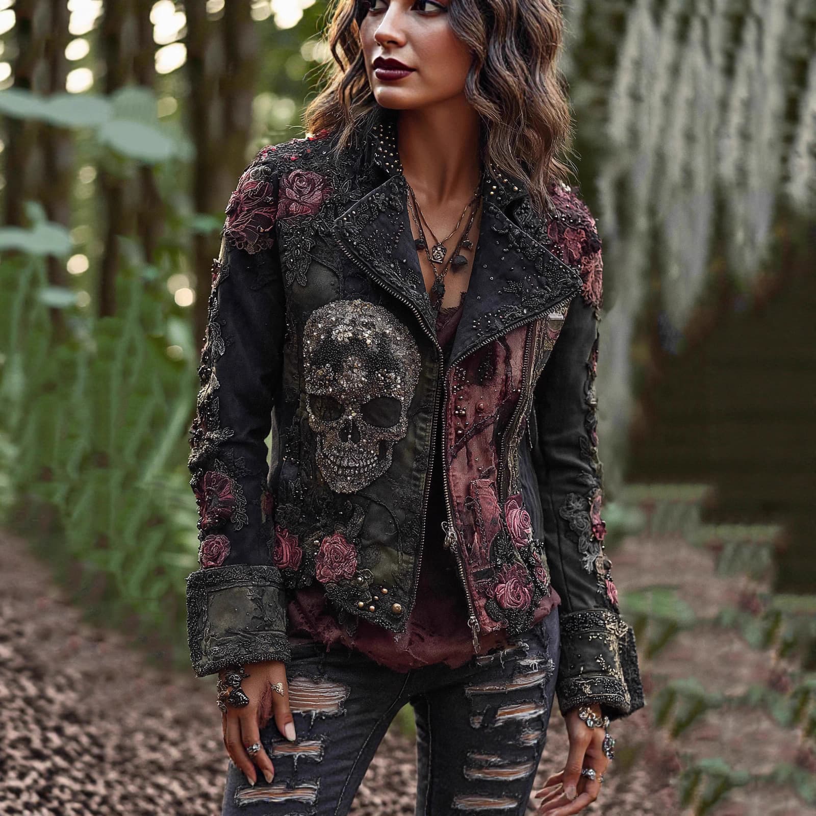Cross-border Amazon New Fall/Winter Skull Rivet Punk Dark Style Printed Jacket Short
