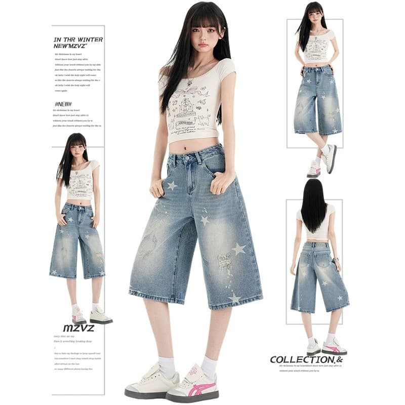 Star printed new summer jeans high waist loose slimming Korean style flesh-covering fashion wide leg cropped jeans