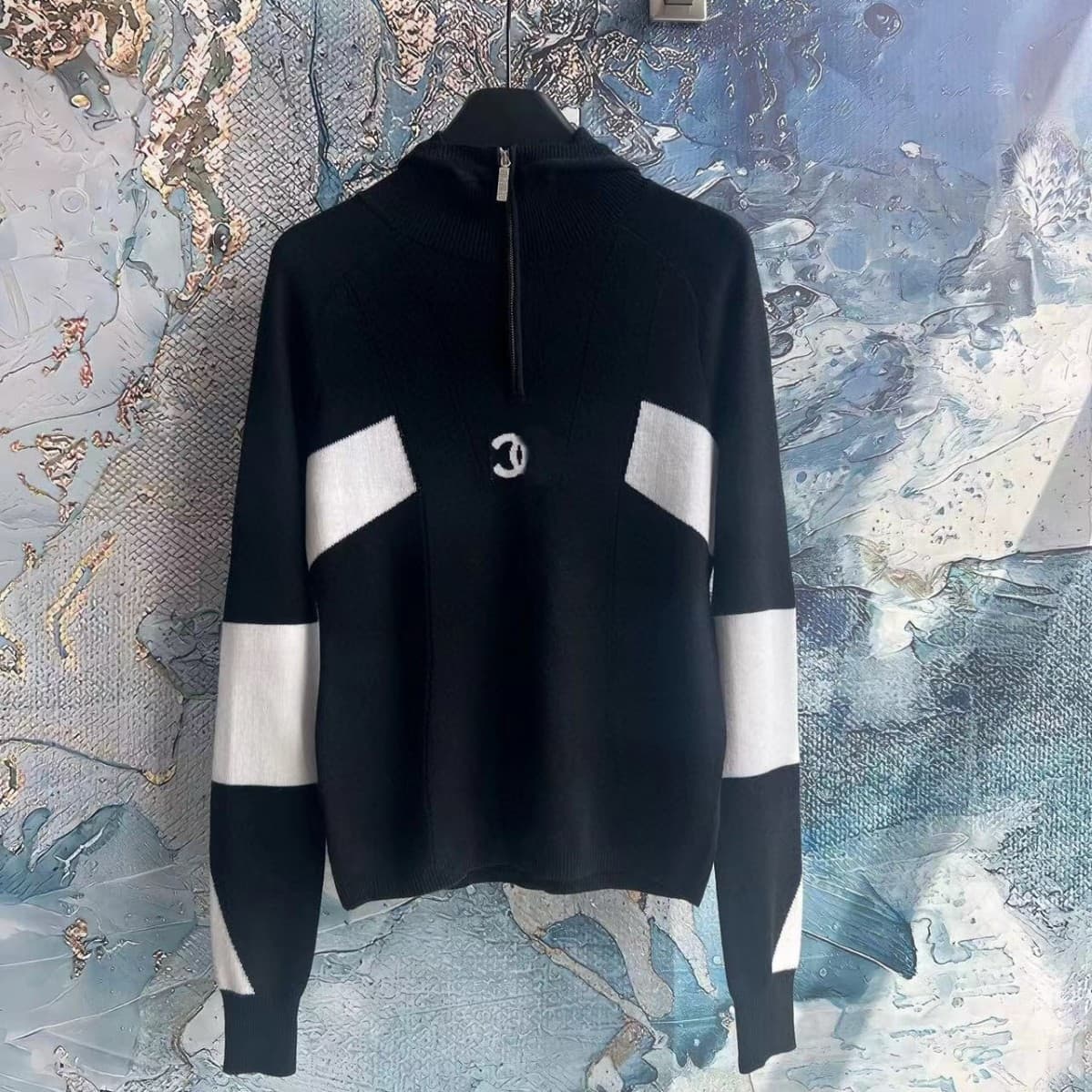 Autumn/Winter New Knit Cashmere Sweater Half-Zip Hooded Pullover Casual Style Top for Women, Long-Sleeve Color-Block