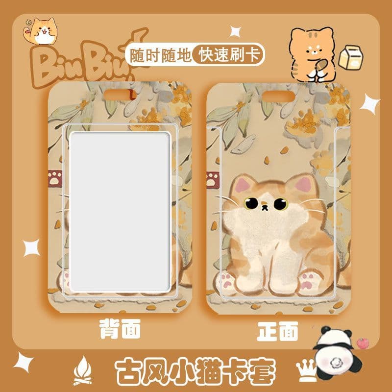 Vintage Panda Card Holder Student Sliding Card Case Cartoon Cat Campus Bus Card ID Card Protector with Lanyard