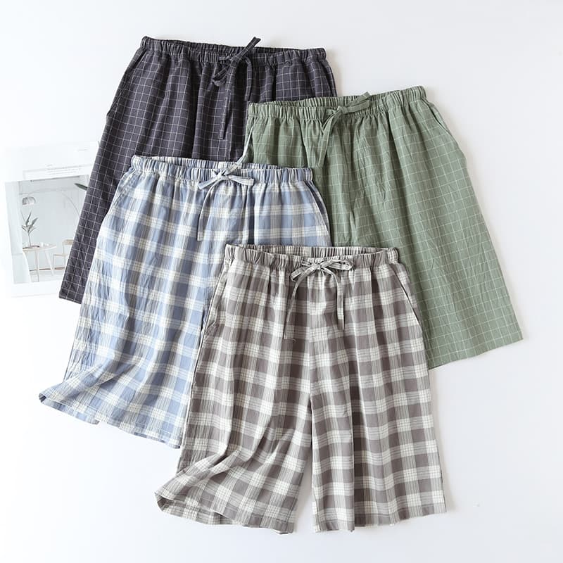 Japanese-style Grid Pattern Sleep Shorts for Men, Summer Thin Cotton Loose Fit, Washed Cotton Fabric, Pure Cotton Home Lounge Pants