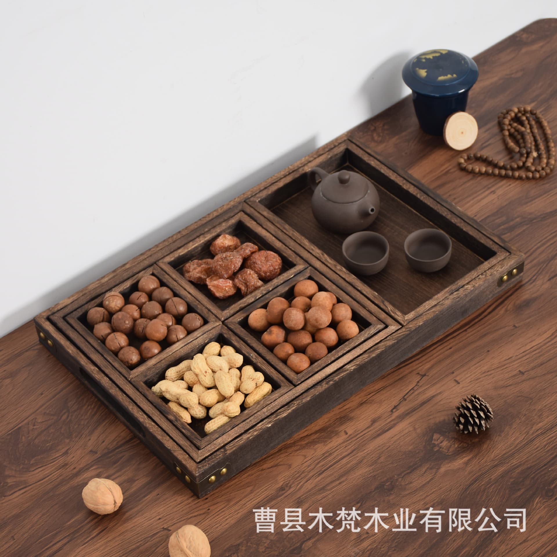 Vintage Color Wooden Tea Tray Set Teapot Warmer Kettle Tea Cups Caddy Traditional Ceremony Water Tray