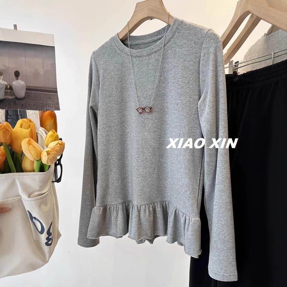 Extra large size 240 catties girl's heart~Korean design ruffled hem fleece long-sleeved T-shirt for women, versatile base layer