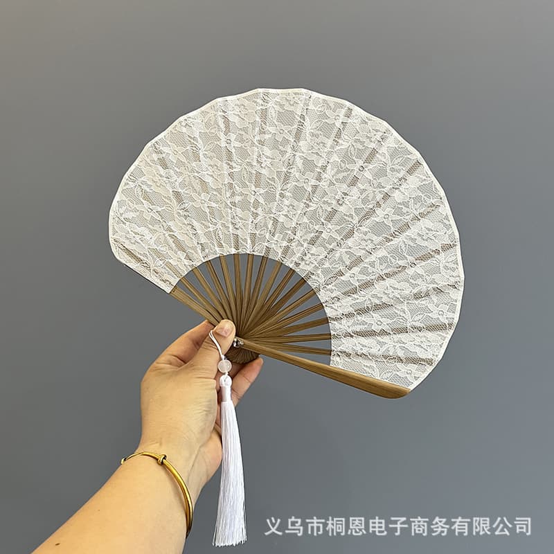Vintage Lady Shell Fan Large Sword Fan Gift Fan Double-Layer White Lace Ancient Style Folding Fan Bamboo