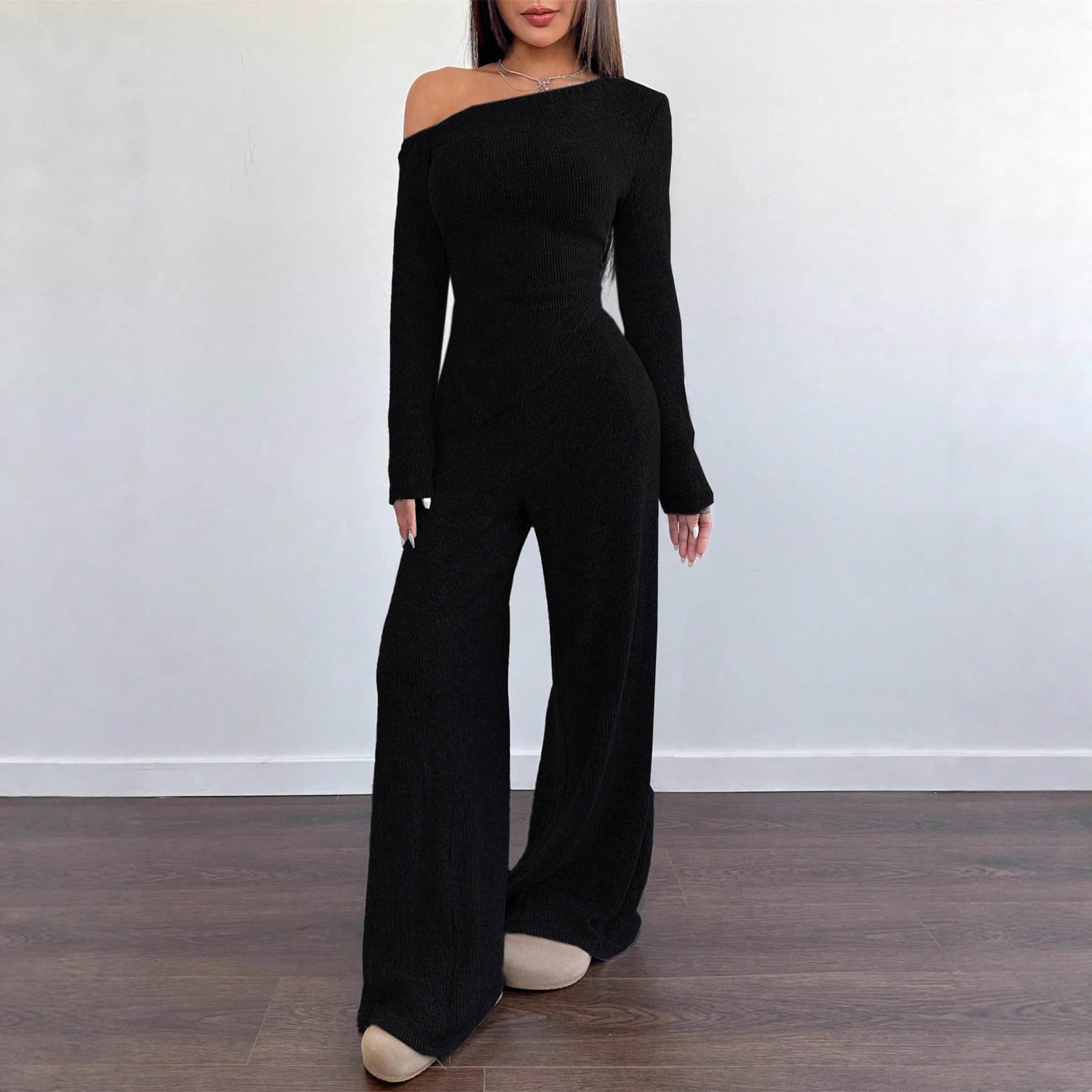 Cross-border European and American Fall/Winter New Irregular Hem Off-Shoulder Solid Casual Long Sleeve Top and Pants Two-Piece Set