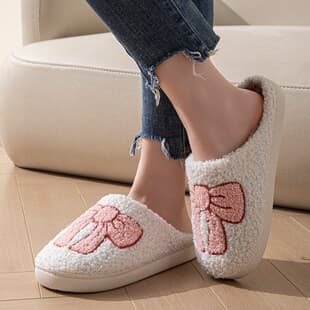 Couple Non-Slip Cotton Slippers Bow Pattern Slippers Cross-Border New Bow Home Slippers Plus Fleece Thickened