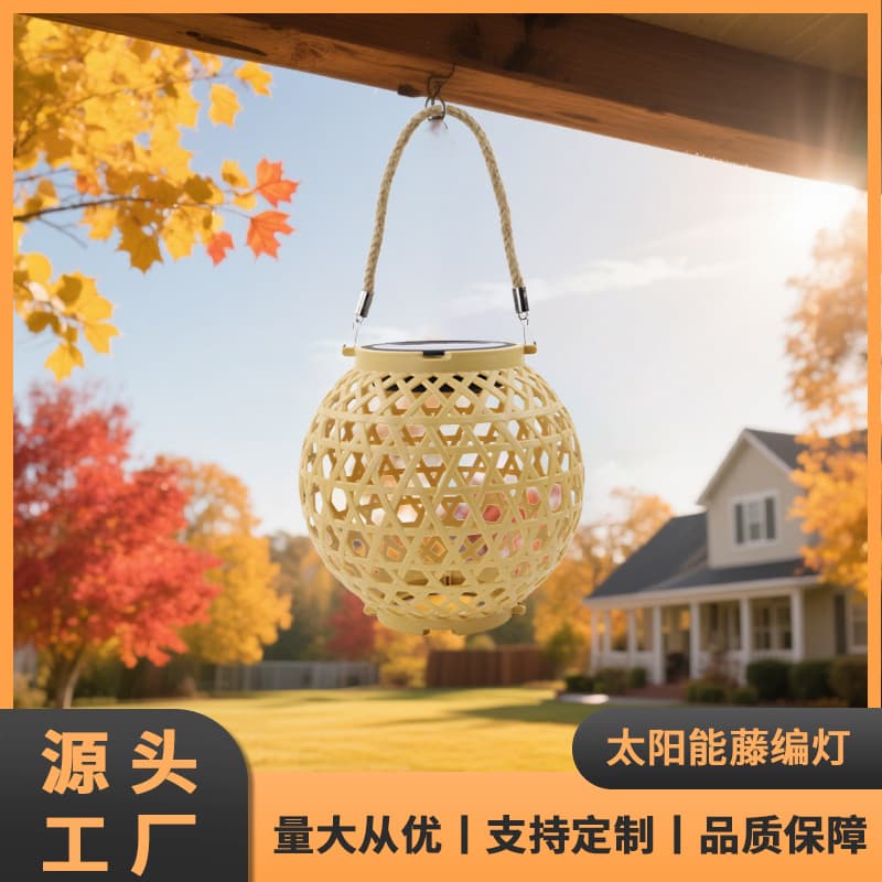 Solar Outdoor Courtyard Lantern Chinese Antique Rustic Garden Hanging Lantern Bamboo Woven Style Patio Atmosphere Hollow Light