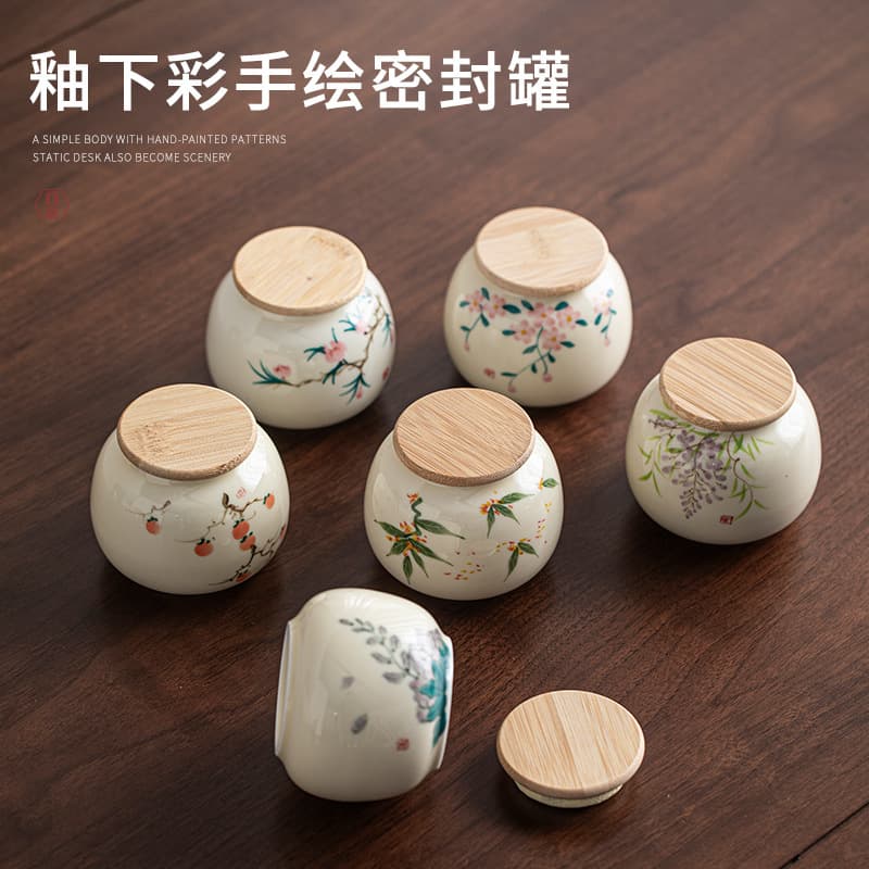 Hand-Painted Underglaze Tea Canister with Secret Yellow Glaze Ceramic, Moisture-Proof Small Household New Chinese Style Pollen Storage Tea Canister, Sealed Canister