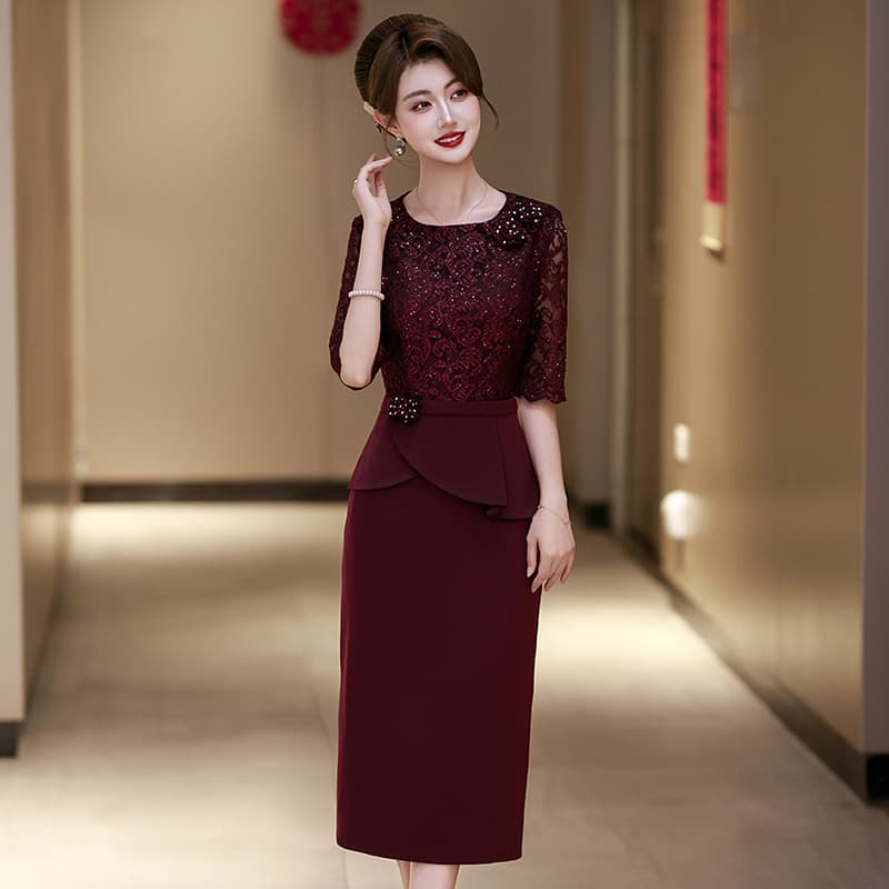 Wine-red suit dress, elegant two-piece set, perfect for mothers-in-law's wedding banquet, autumn suit skirt.