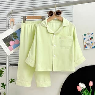 Children's Spring/Autumn/Summer Pajama Set, Boys and Girls, Turn-down Collar Homewear, Long Sleeve Long Pants Two-Piece Set, Bamboo Fiber, Loose Fit