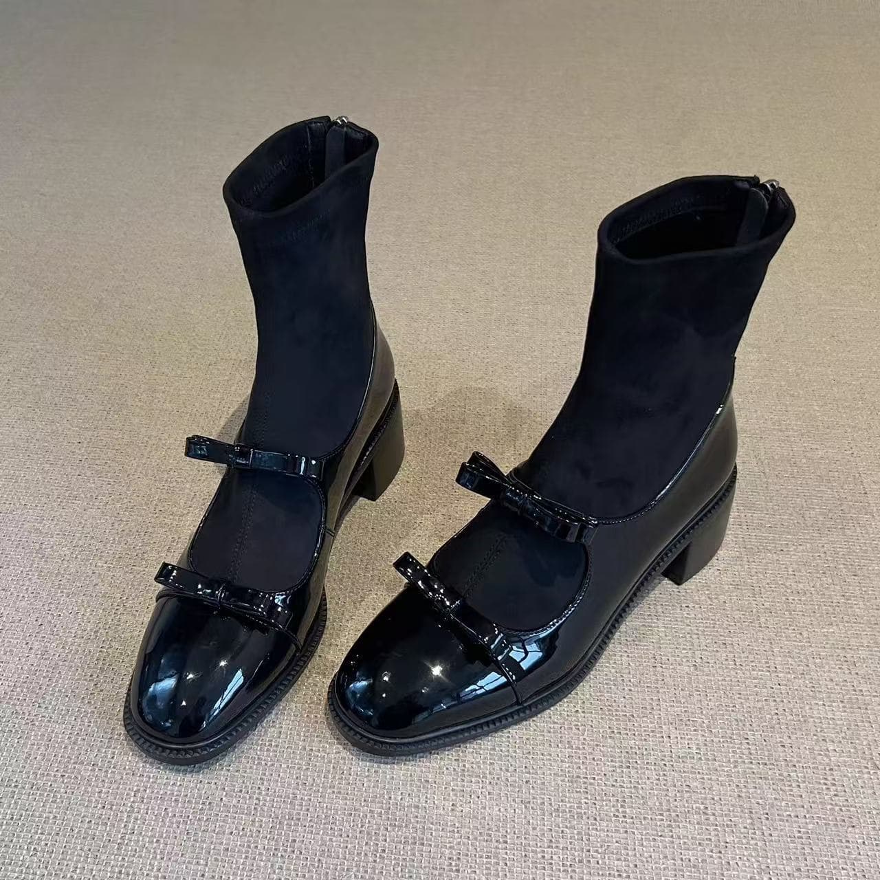 Sheepskin Version~Chanel Style Stretch Retro Slim Boots with Bow Back Zipper Chunky Heel Short Boots High Heel Slim Sock Boots