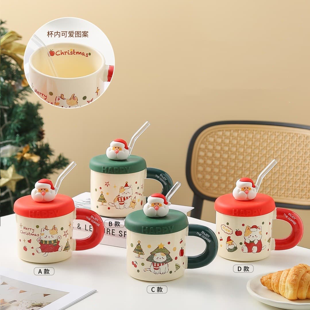 High-Aesthetic Christmas Cat Ceramic Mug with Lid and Straw, Creative Holiday Gift, Couple's Water Cup