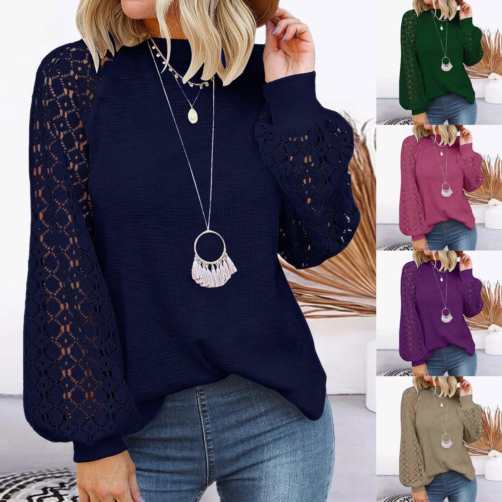 2026 New European and American Cross-border Amazon Independent Station Round Neck Long Sleeve Lace Patchwork Loose Top for Women