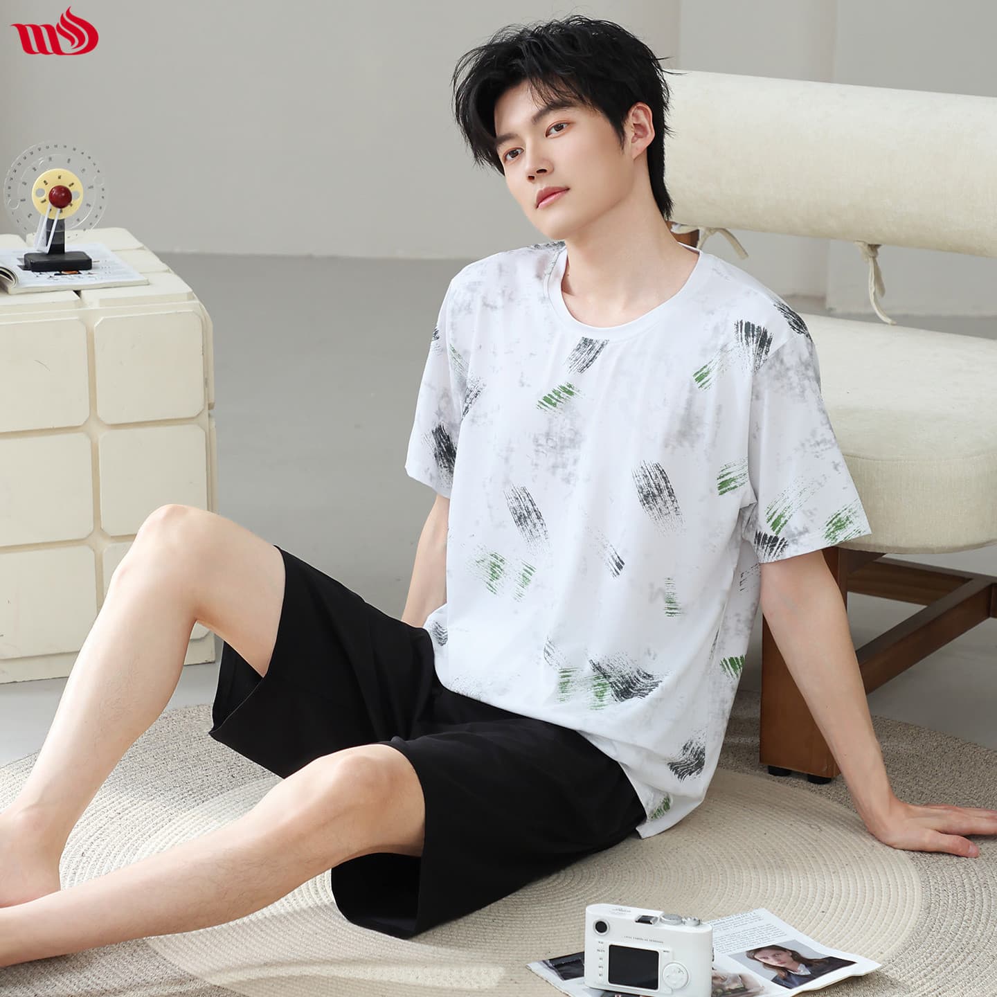 Mulong Shijia Men's Short Sleeve Shorts Pajamas, Modal Cotton Summer Wearable Outdoors, Sporty Casual Cool Thin Set
