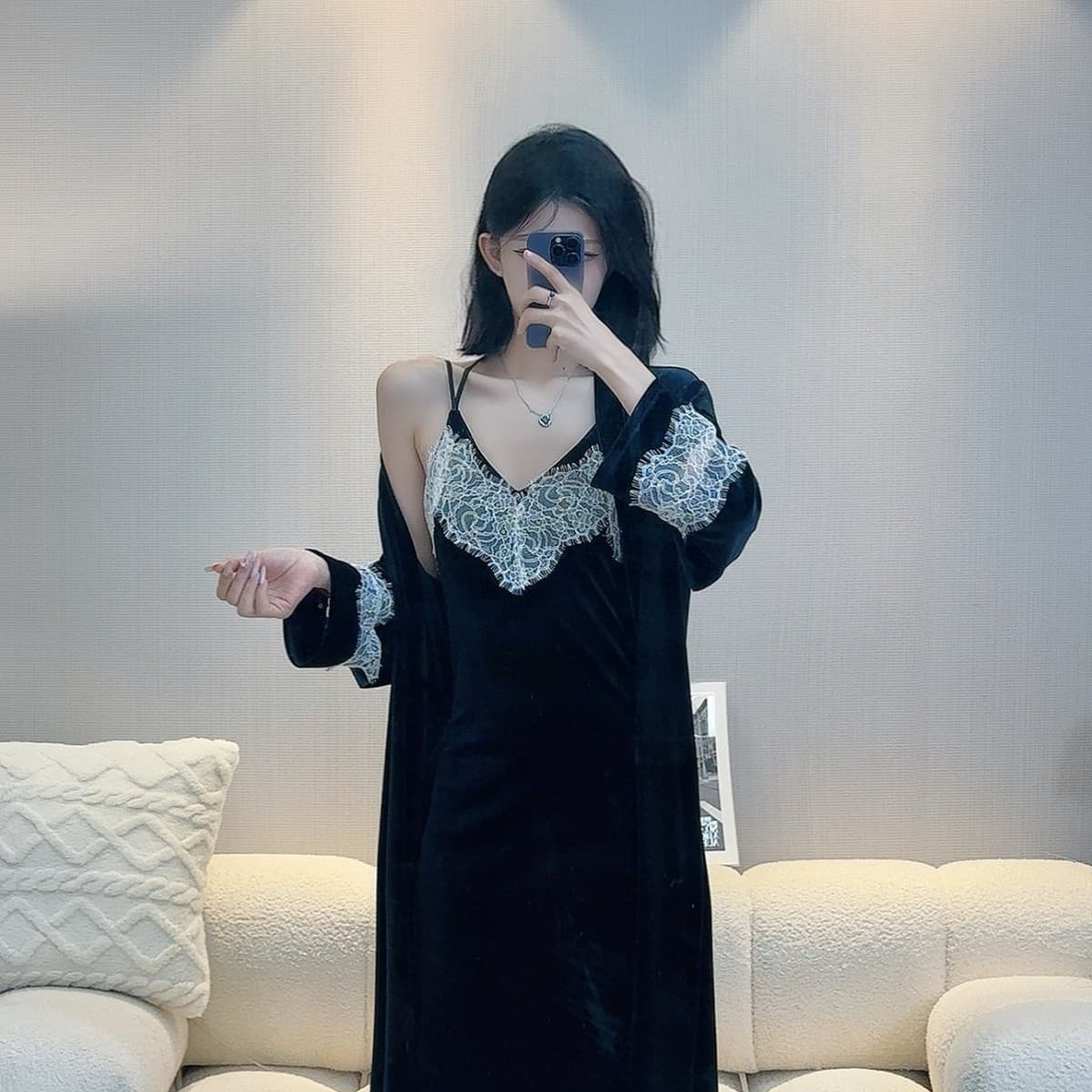 Lace-trimmed velvet embroidered long nightgown, sexy backless slip dress, tie-up robe, women's loungewear set.