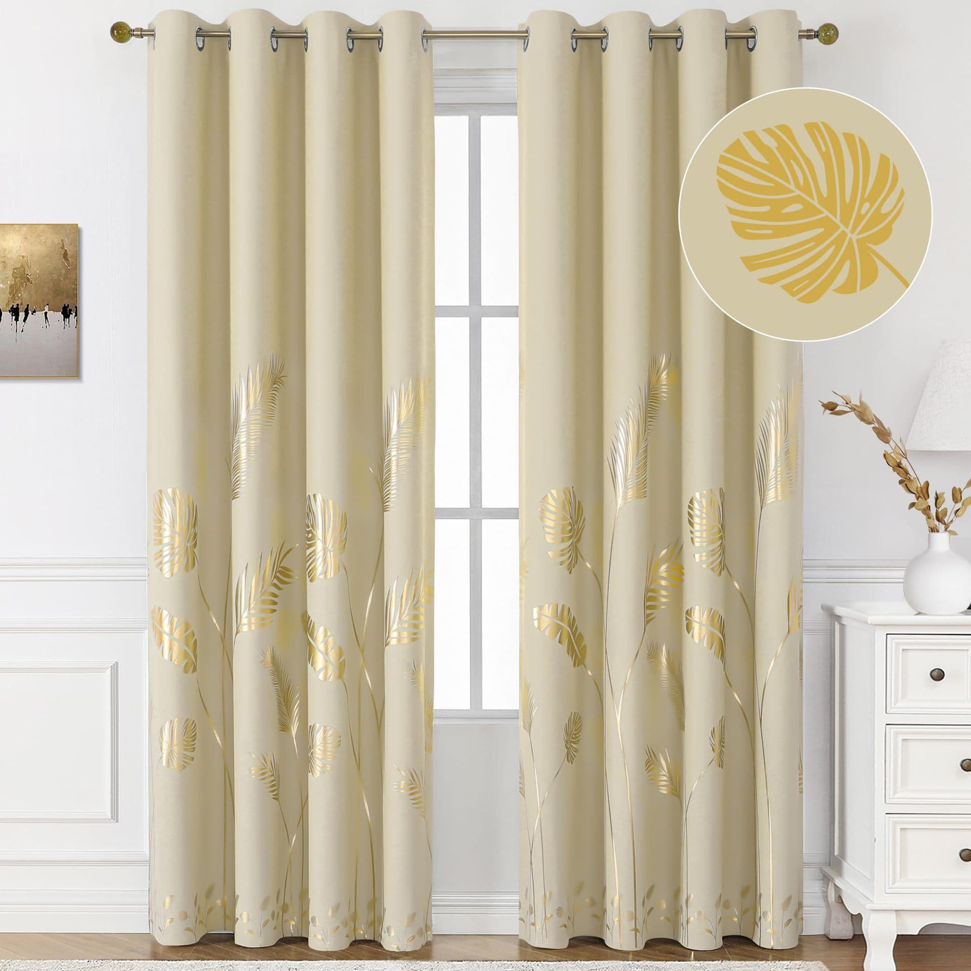Cross-border simple style beige white gold palm leaf pattern digital printing curtains Amazon exclusive for bedroom and living room manufacturers
