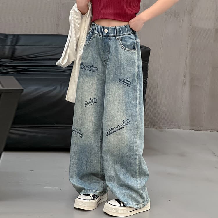 New Girls' Embroidered Jeans for Middle and High School Students, Loose Fit Straight Wide Leg Pants for Girls, Spring and Autumn Style