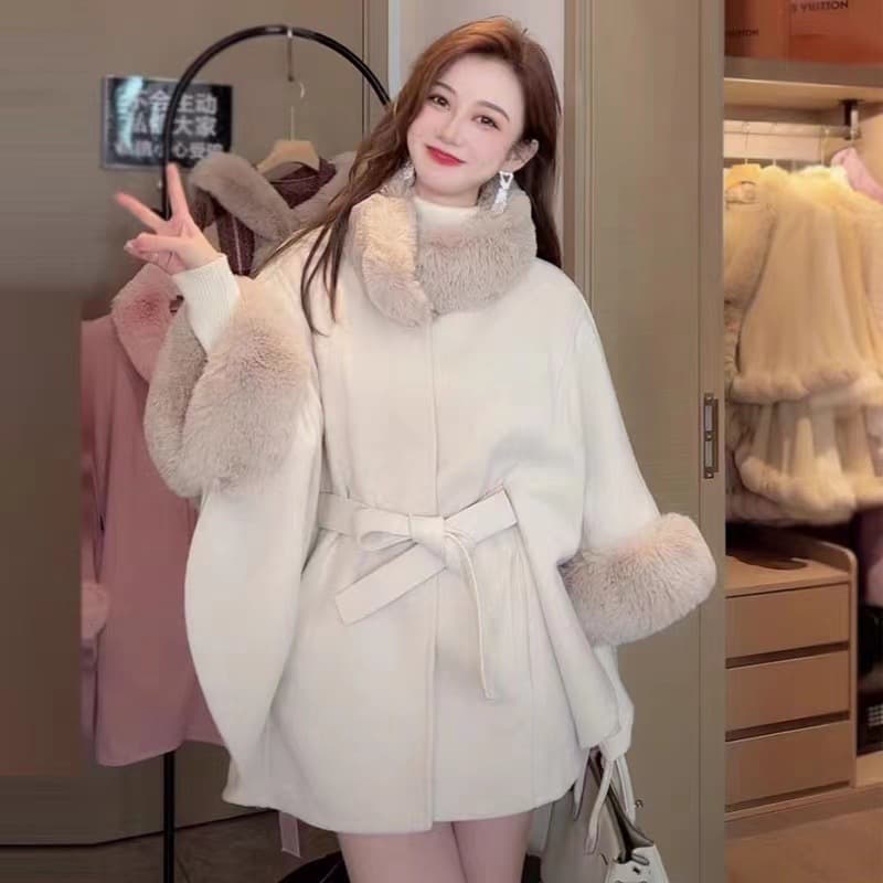 Live Stream Supply Autumn/Winter New Style Fur Collar Tie Knit Cape Shawl Woolen Plus Size Women's Coat 0855#