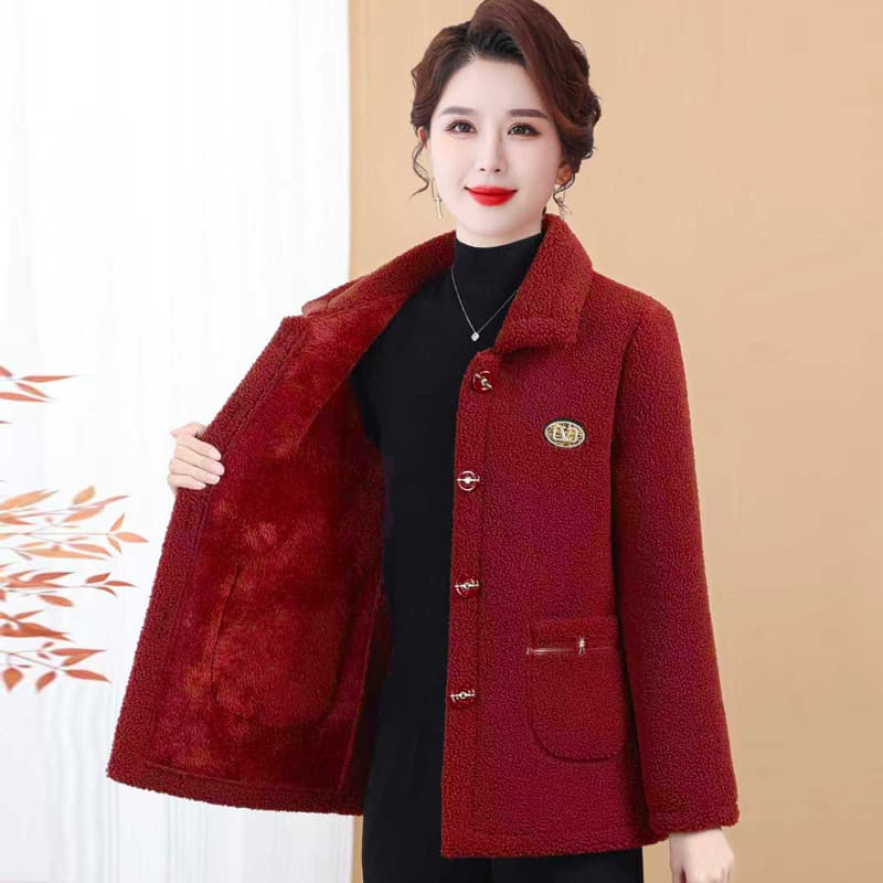 Sheep Shearling Coat for Middle-Aged and Elderly Women, Winter Thick Granular Fleece Lamb Wool Fur-Integrated Jacket for Mothers