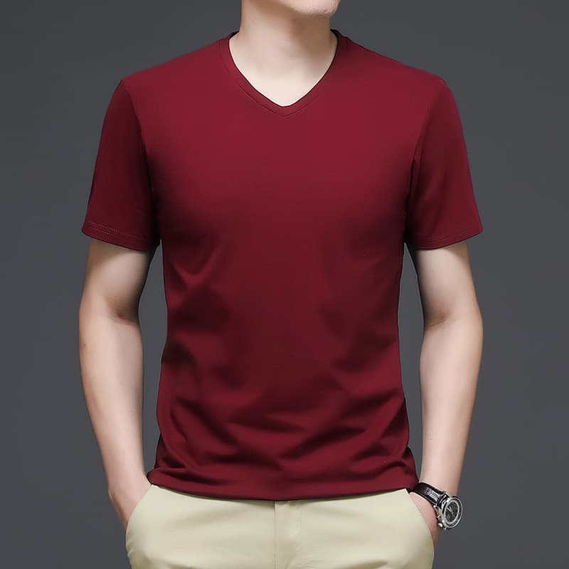 Summer V-Neck Cotton Short Sleeve T-Shirt for Men, Loose Fit Casual Undershirt, Heart Neckline, 100% Cotton T-Shirt Top