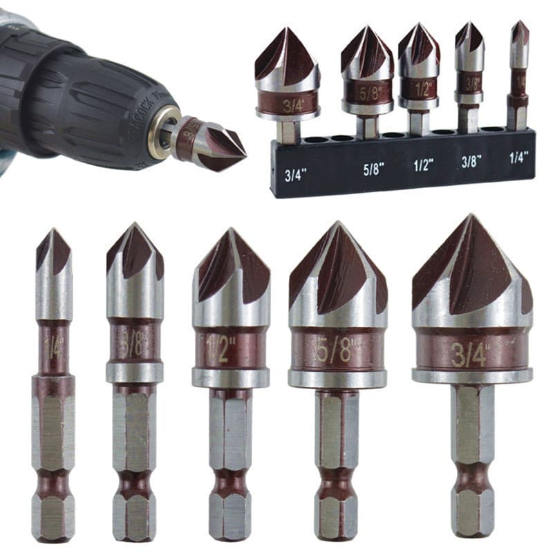 5-Piece Red 82° Hex Shank 5-Flute Chamfer Tool, Chamfer Cutter, Countersink Drill, Screw Countersink, Counterbore Drill
