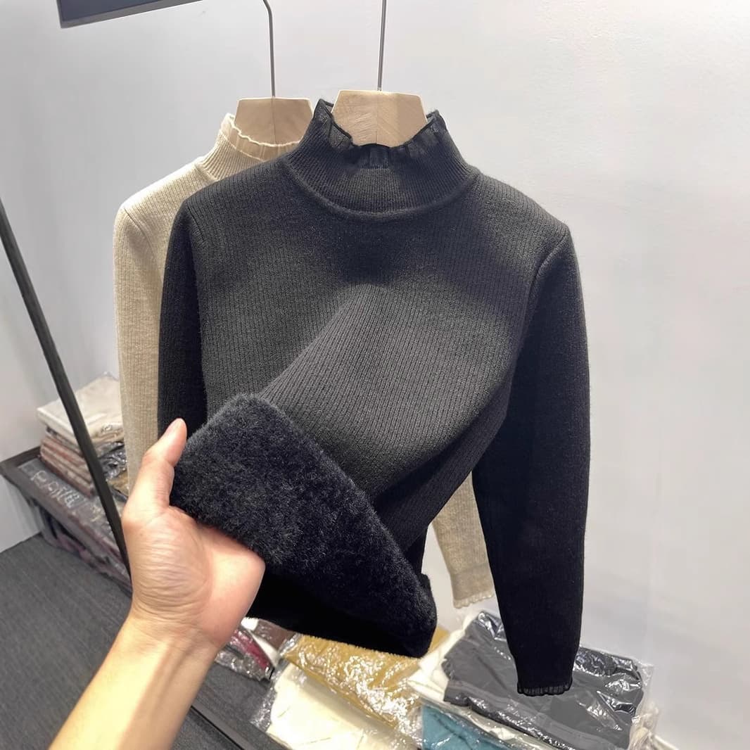 Women's Long Sleeve Base Layer Inner Wear Sweater Autumn Winter Premium One-Piece Velvet Fox Fur Shirt