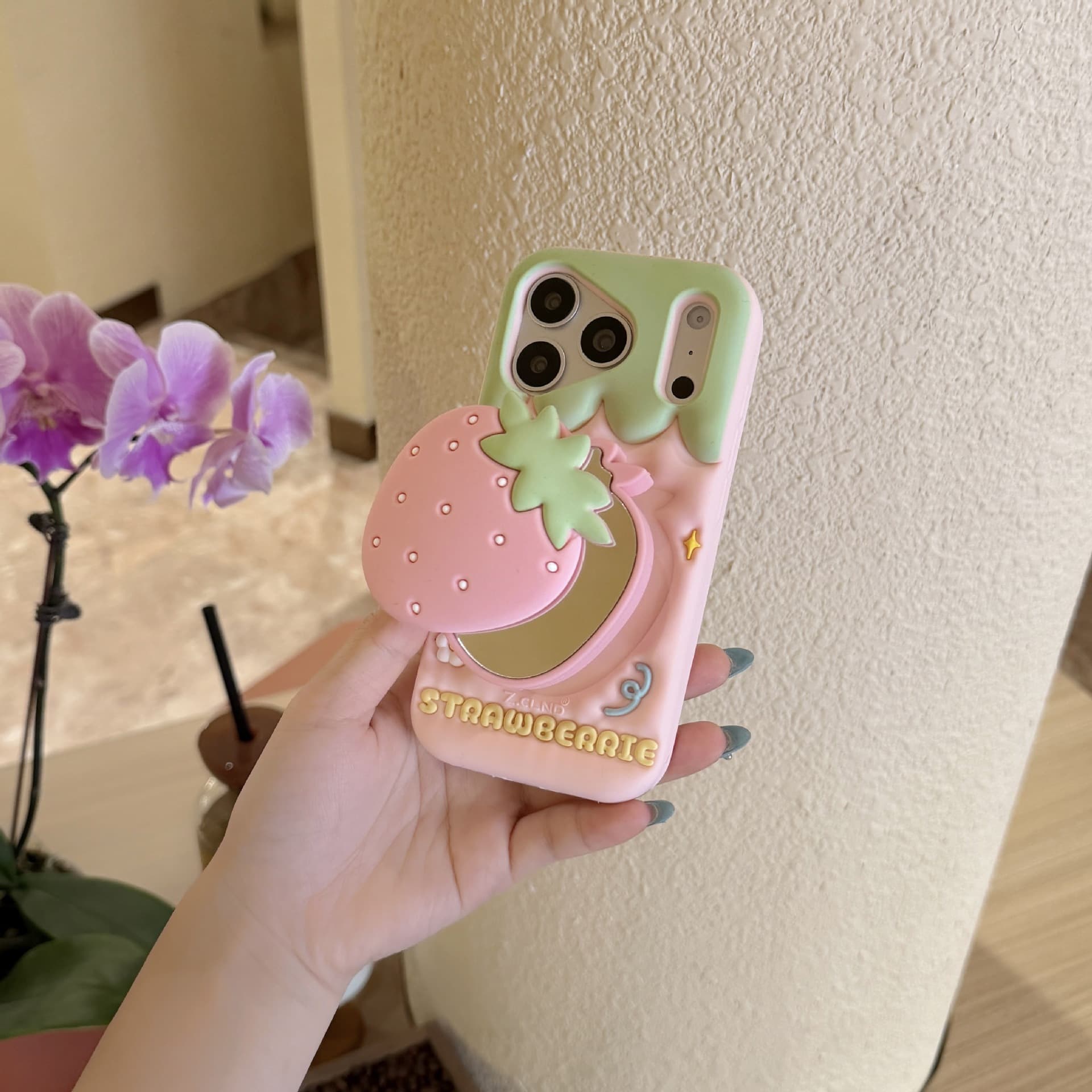 Strawberry Mirror Phone Case with Stand for iPhone 17 Pro Max / 17 / 16 / 15 / 14 Pro Fun Design