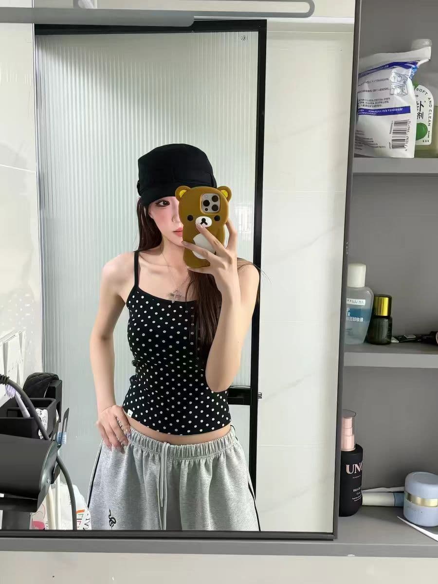 Little Seagull Sweet Spicy Pink Polka Dot Camisole for Women Summer Inner or Outer Wear Slim Fit Waist-Cinching Trendy Vest Top