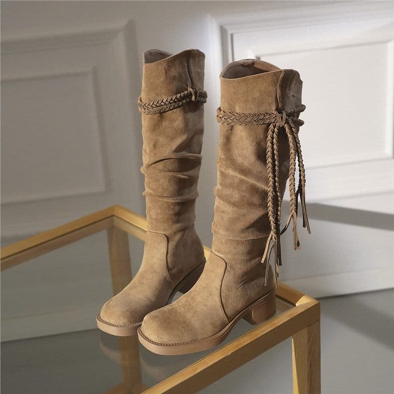 Sheepskin version~ Waste-style vintage platform boots women's fashion new suede fringe hemp rope chunky heel high-top boots