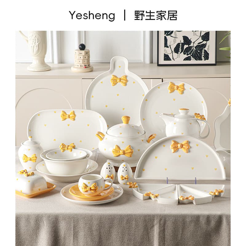French retro cartoon embossed bow tableware cake plate ceramic plate coffee cup saucer dessert dish bread plate