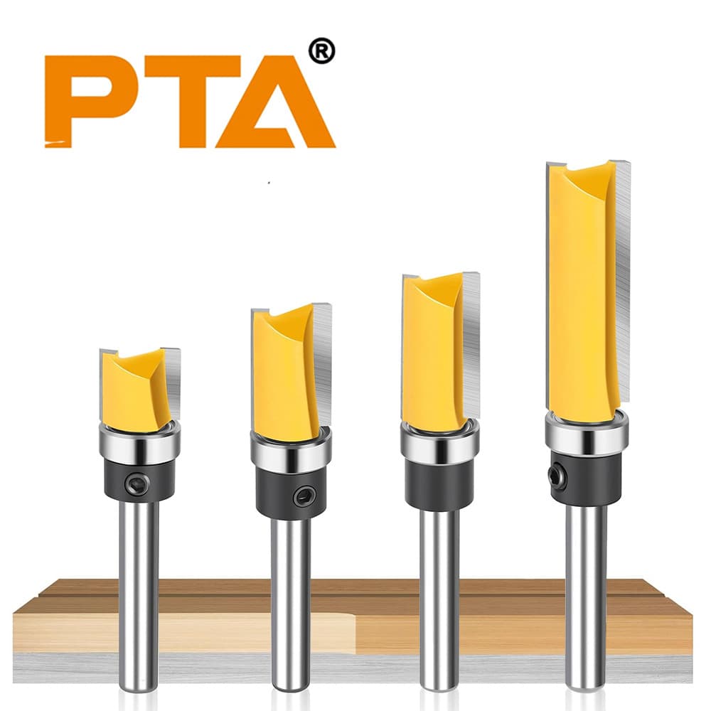 Bearing Straight Router Bit 1/4" Shank Double Flute Template Bearing Trimming Bit 4-Piece Set Slotting and Trimming Woodworking Milling Cutter