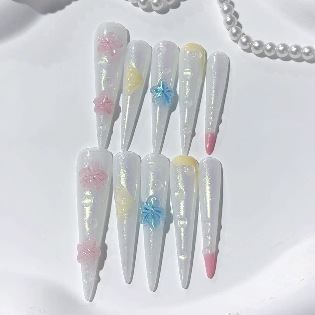 Cross-border Long Stiletto 5.0 Aurora 3D Embossed Handmade Wearable Fake Nails Wholesale Finished Product