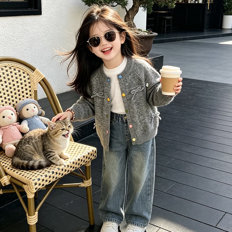 2026 New Autumn Girls Bowknot Cardigan Sweater Kids Outerwear Knit Top Trendy Children's Coat