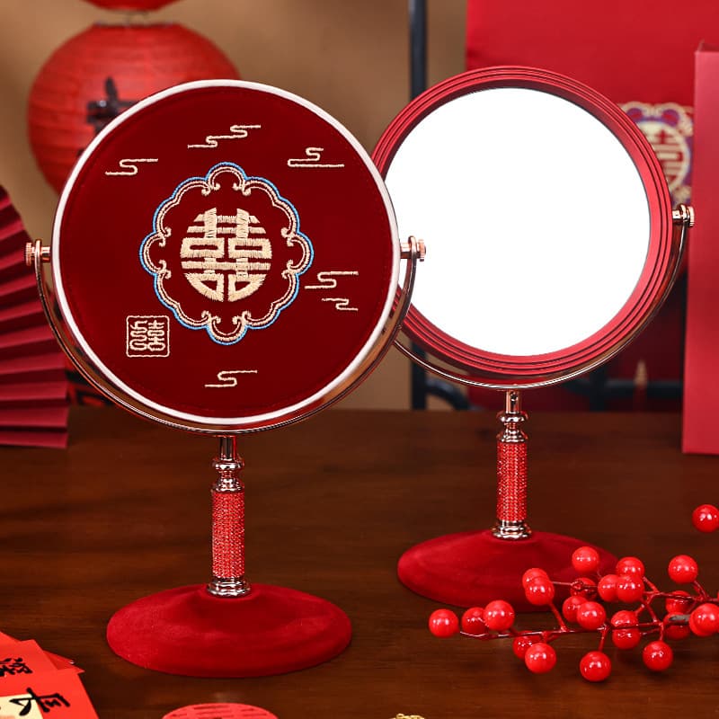 Plain Brocade Wedding Red Mirror Pair for Bride's Dowry, Festive Makeup Mirror, Wedding Preparation Supplies