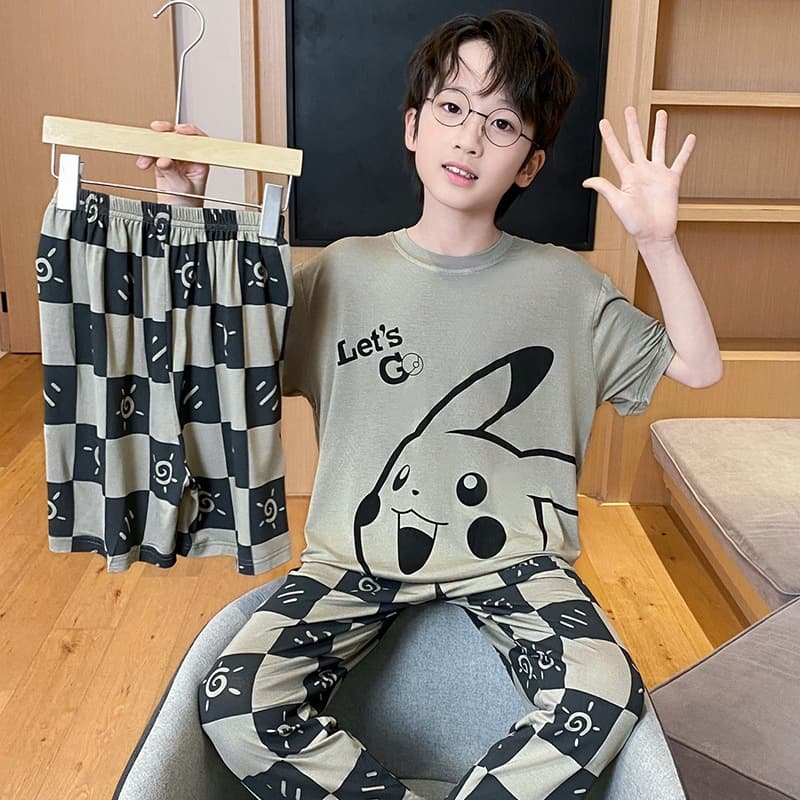 2025 Modal Kids Pajamas Boys Summer Short Sleeve 3-Piece Set Thin Air Conditioning Wear for Older Children Spring and Autumn Homewear