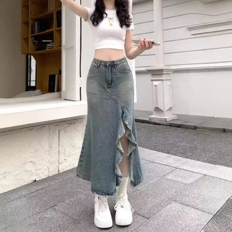 Hong Kong Style Retro Mid-Length Denim Skirt for Women Spring Summer Petite Irregular Wavy Slit High-Waist Fishtail Skirt
