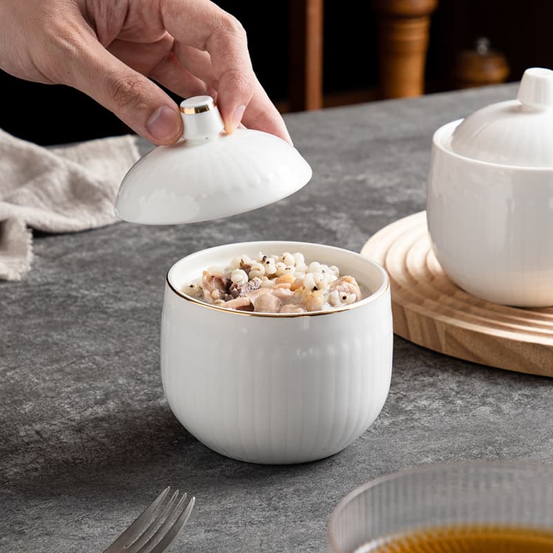 Hotel restaurant high-end creative ceramic tableware lotus stew cup with lid dessert cup soup cup household white porcelain bowl