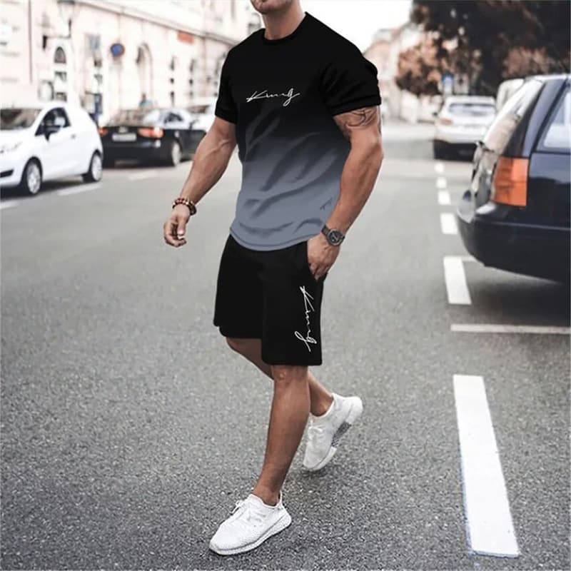 2026 Amazon Best-Selling Set Fashion Short Sleeve T-Shirt and Pants Loose Men's 3D Digital Print Gradient Color
