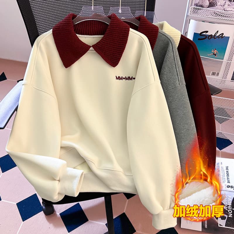 Sweet Knitted Cotton Sweatshirt Loose Fit Polo Neck Patchwork Color Block College Style Comfortable Casual Polyester Fabric