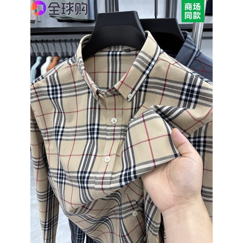 Tommy Men's Long-Sleeve Shirt Spring Autumn Burberry Plaid Pure Cotton Casual Business Wrinkle-Free