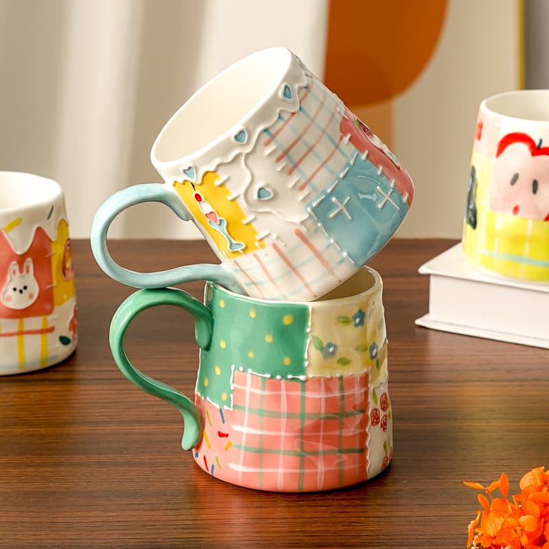 Embossed Hand-Painted Mug, High-Temperature Resistant, Creative and Cute Birthday Gift, Ceramic Vintage Artistic Couple Mug for Women