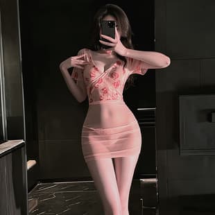 Sexy Lingerie Pure Desire Style Sleep Dress Open Back Bodycon Dress Nightclub Floral Print Sexy Easy-Off Uniform Set 6549