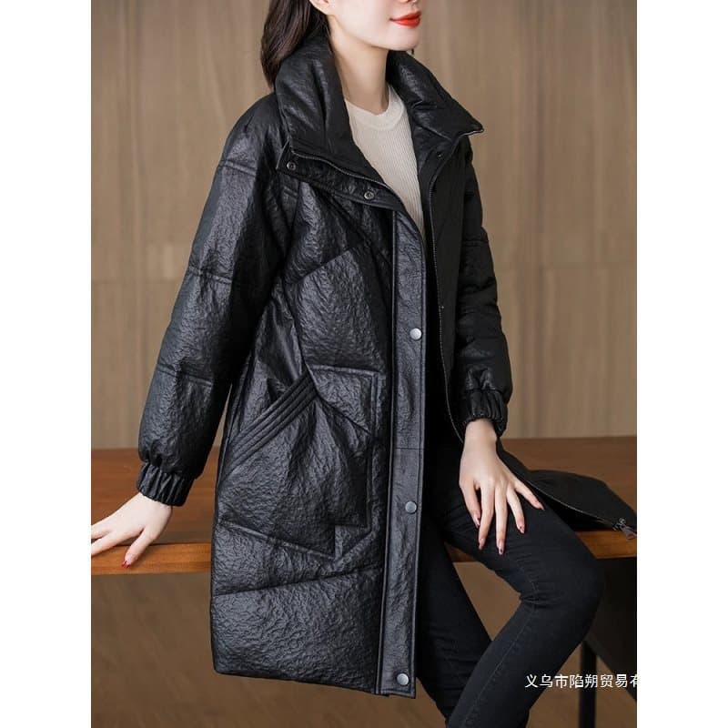 Women's 2024 Winter New Style Leather Down Cotton Jacket, Stand Collar, Stone Pattern, Mid-Length, Loose Fit, Versatile Outerwear