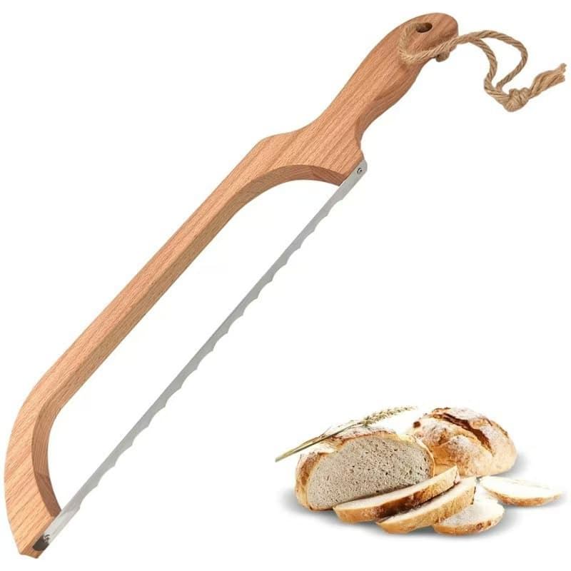 New wooden bread knife with bow handle, stainless steel serrated bread cutting tool.