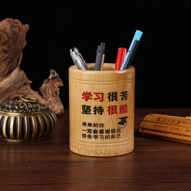 Bamboo inspirational pen holder, study tool, office desktop storage, inspirational quote pen holder, study storage bamboo pen holder