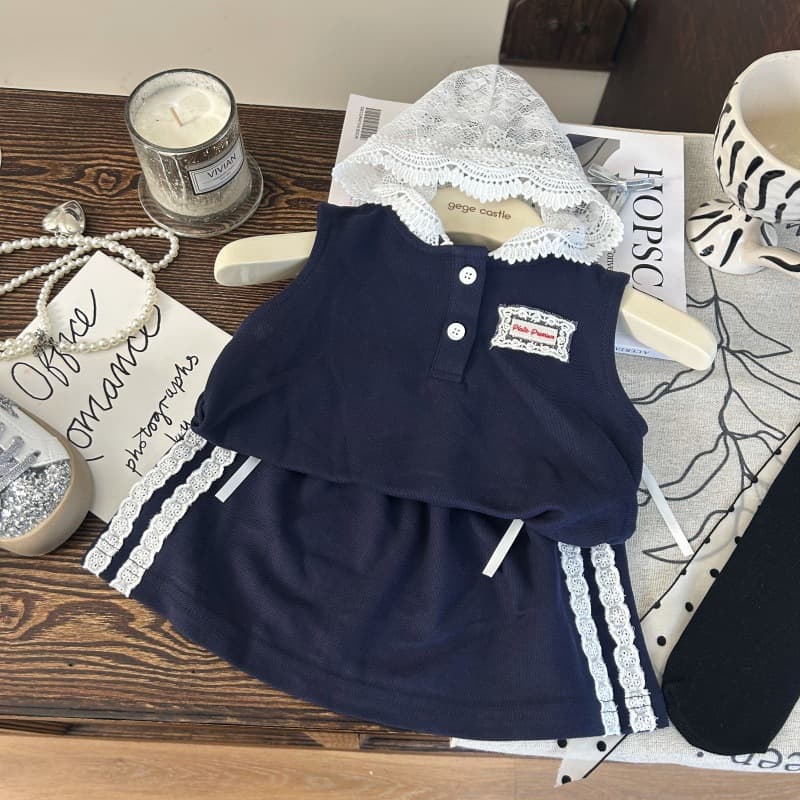 Korean Style Children's Clothing Summer Girls Sleeveless Lace Hooded Vest Preppy Style Skirt Two-Piece Set Trendy 0195A059